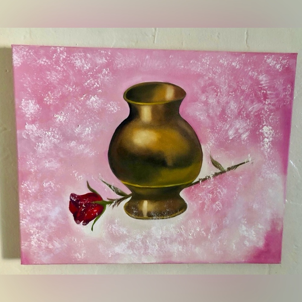 NEW Golden Vase with Red Rose Art Oil Painting